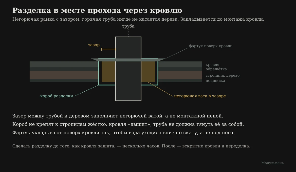 Схема разделки дымохода в месте прохода через кровлю